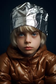 suspicious caucasian kid in foil hat looking into camera. Neural network generated in May 2023. Not based on any actual person, scene or pattern.
