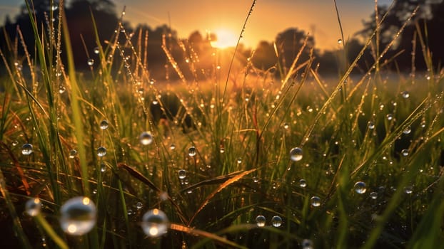 dew drops on morning grass at summer sunrise in the wild meadow. Neural network generated in May 2023. Not based on any actual scene or pattern.
