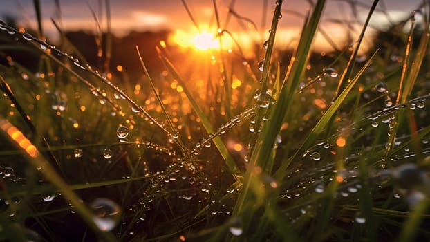 dew drops on morning grass at summer sunrise in the wild meadow. Neural network generated in May 2023. Not based on any actual scene or pattern.