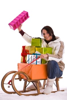 Woman on sleigh with gifts