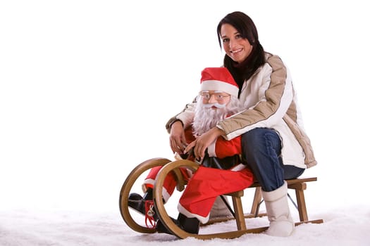 Woman with Santa Claus on sleigh