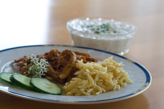 Gyros with rice noodles and zsaziki