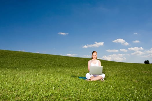 On the summer meadow at the notebook