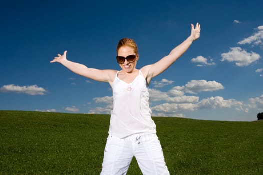 Woman throws up arms