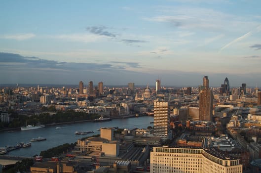 a view from the London Eye over the rooftops of London,in the background Norman Forster's famous "cucumber"""