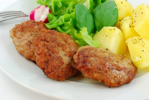 Hamburger with Steamed Potatoes and Salad