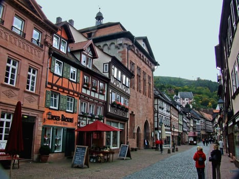 Pedestrian zone in Miltenberg with the Old Town Hall.