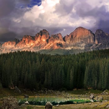 View from Lake Carezza to the Croda Rossa in the Catinaccio massif. Composed of four portrait wide-angle shots with PtGui.