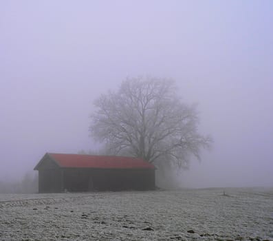 The roof of the barn is actually so red! I found it just so atmospheric in this fog broth! Greetings Regina