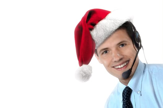 Call center agent with Santa hat