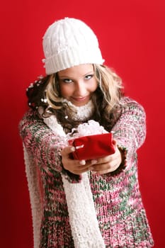Woman at Christmas with gift