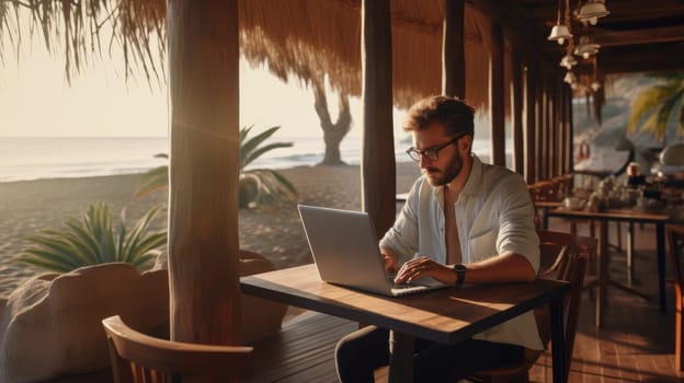 Man works at a laptop at a coastal cafe. Man sitting under palm trees on beach. AI