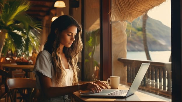 Beautiful woman works at a laptop at a coastal cafe. Concept of successful young independent woman. AI