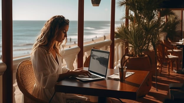 Beautiful woman works at a laptop at a coastal cafe. Concept of successful young independent woman. AI