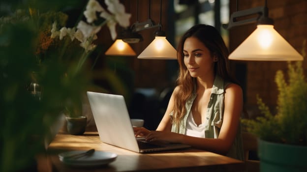 Beautiful woman works at a laptop at a coastal cafe. Concept of successful young independent woman. AI