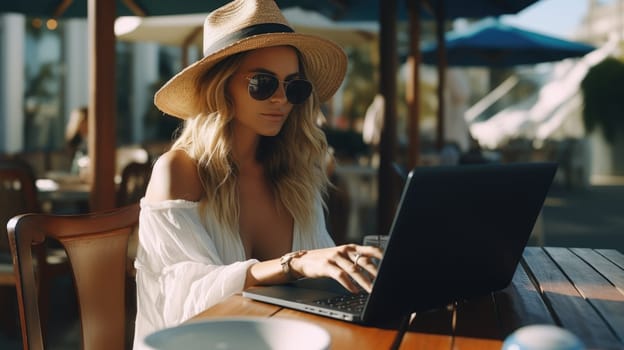 Beautiful woman works at a laptop at a coastal cafe. Concept of successful young independent woman. AI