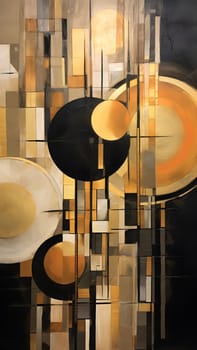 white, gold and black colored mid century art. Neural network generated in May 2023. Not based on any actual scene or pattern.