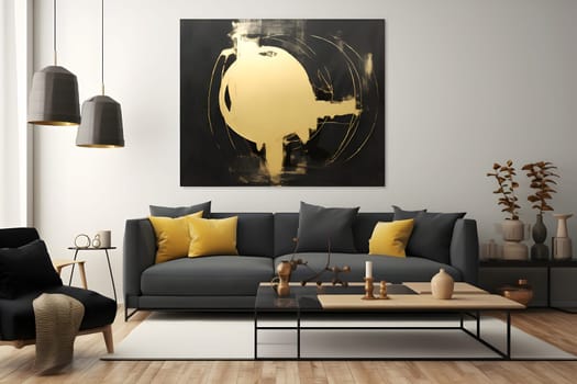 gold and black colored mid century art picture on the wall of mid century styled interior. Neural network generated in May 2023. Not based on any actual scene or pattern.