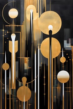 white, gold and black colored mid century art. Neural network generated in May 2023. Not based on any actual scene or pattern.