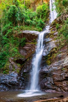 Water running over rocks in a waterfall in the interior of the state of Minas Gerais, Brazil