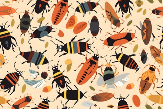seamless doodle pattern with many different cartoonish bugs on beige backlground. Neural network generated in May 2023. Not based on any actual scene or pattern.