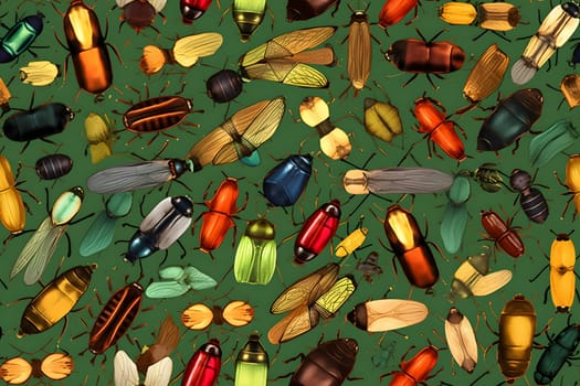 seamless doodle pattern with many different cartoonish bugs on green backlground. Neural network generated in May 2023. Not based on any actual scene or pattern.