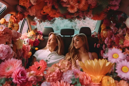 two attractive blonde caucasian young adult women on back seat of expensive car surrounded with flowers. Neural network generated in May 2023. Not based on any actual person, scene or pattern.