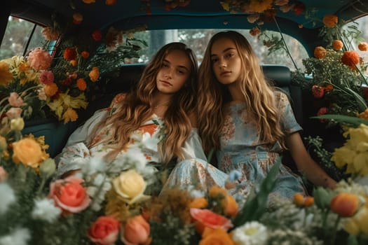 two attractive blonde caucasian young adult women on back seat of expensive car surrounded with flowers. Neural network generated in May 2023. Not based on any actual person, scene or pattern.