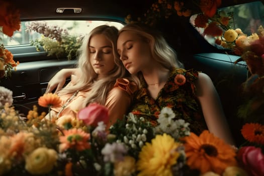 two attractive blonde caucasian young adult women on back seat of expensive car surrounded with flowers. Neural network generated in May 2023. Not based on any actual person, scene or pattern.