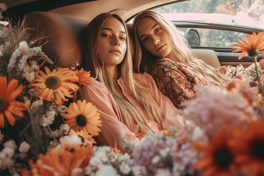 two attractive blonde caucasian young adult women on back seat of expensive car surrounded with flowers. Neural network generated in May 2023. Not based on any actual person, scene or pattern.