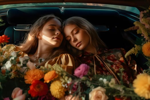 two attractive blonde caucasian young adult women on back seat of expensive car surrounded with flowers. Neural network generated in May 2023. Not based on any actual person, scene or pattern.