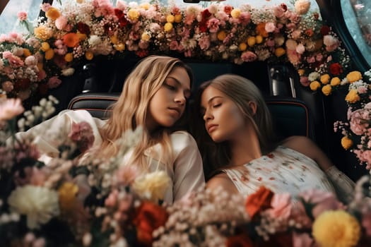 two attractive blonde caucasian young adult women on back seat of expensive car surrounded with flowers. Neural network generated in May 2023. Not based on any actual person, scene or pattern.