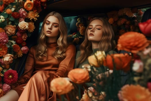 two attractive blonde caucasian young adult women on back seat of expensive car surrounded with flowers. Neural network generated in May 2023. Not based on any actual person, scene or pattern.