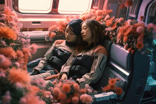 two attractive blonde caucasian young adult women inside spacecraft cabin surrounded with flowers. Neural network generated in May 2023. Not based on any actual person, scene or pattern.