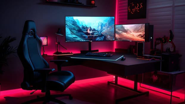 A multi monitor gaming setup with a high-performance gaming computer with RGB lighting, and gaming chair. Neural network generated image. Not based on any actual person, scene or pattern.