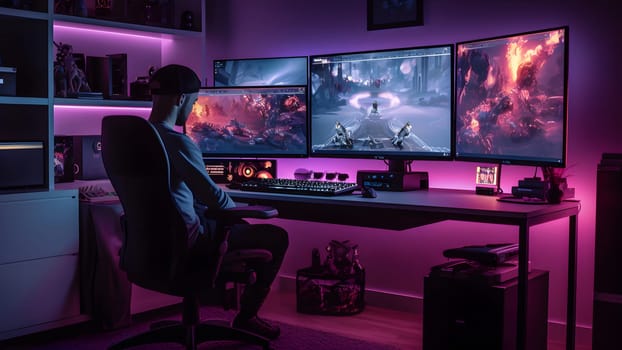 high-preformance multi monitor PC gaming with with RGB lighting, a gamer on chair using a gaming mouse and keyboard. Neural network generated image. Not based on any actual person, scene or pattern.