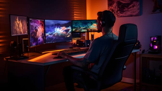 high-preformance multi monitor PC gaming with with RGB lighting, a gamer on chair using a gaming mouse and keyboard. Neural network generated image. Not based on any actual person, scene or pattern.