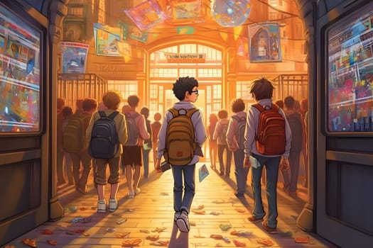 Back to school concept. Many children with backpacks coming back to school. Neural network generated in May 2023. Not based on any actual person, scene or pattern.