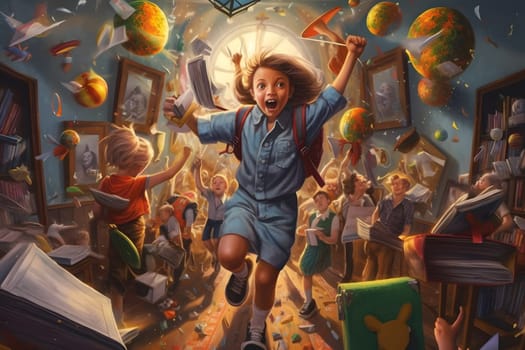 Chaos in the school, back to school, happy pupil jumping, running in the classroom with things flying around. Neural network generated in May 2023. Not based on any actual person, scene or pattern.