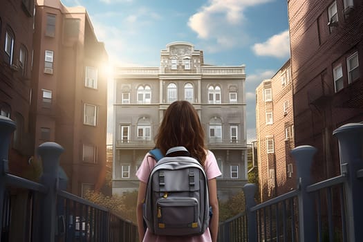 A girl with a backpack standing in front of a school building rear view. Neural network generated in May 2023. Not based on any actual person, scene or pattern.