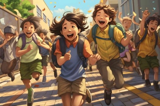 A group of student children running down a street, back to school concept. Neural network generated in May 2023. Not based on any actual person, scene or pattern.