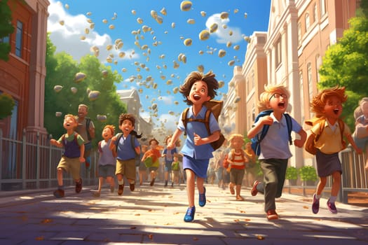 A group of student children running down a street, back to school concept. Neural network generated in May 2023. Not based on any actual person, scene or pattern.
