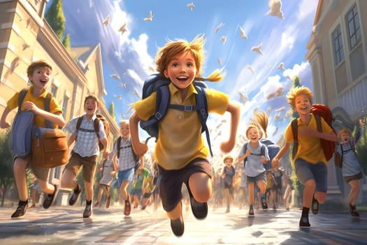 A group of student children running down a street, back to school concept. Neural network generated in May 2023. Not based on any actual person, scene or pattern.