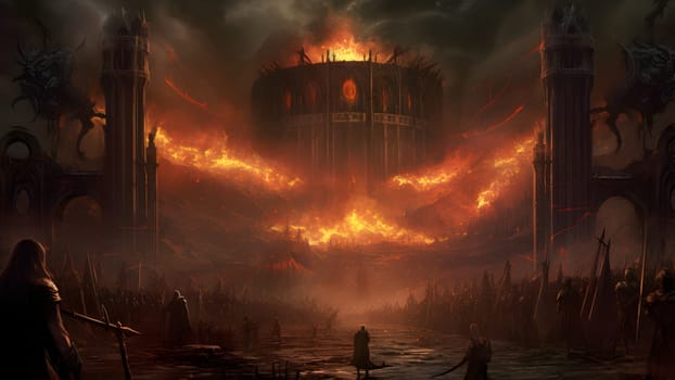 Human figures on road to dark medieval hellish citadel surrounded with a lot of fire and glowing lava rocks. Neural network generated in May 2023. Not based on any actual scene or pattern.