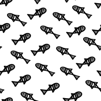 Small Fishes Seamless Pattern. Background for Kids with Hand drawn Doodle Cute Fish. Cartoon Sea Animals Illustration. Underwater World Digital Paper in Black and White.