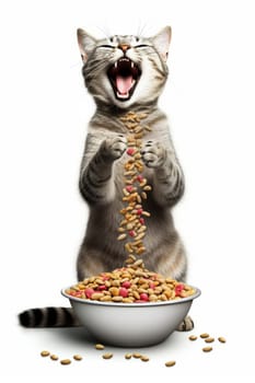 A very happy cute grey cat eats from a large iron bowl full of dry food, scattering the food around. Vertical