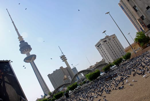 The Tower of Liberation in Kuwait and lots of pigeons