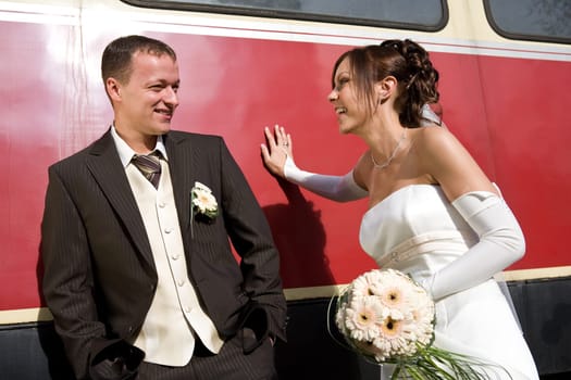 Newlyweds at a wagon