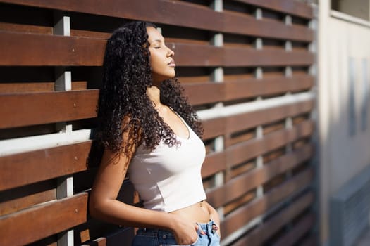 A fashionable young woman with beautiful, curly hair stands gracefully in the warm sunlight, leaning against a rustic wooden wall, radiating confidence, poise, and an aura of serenity and contentment