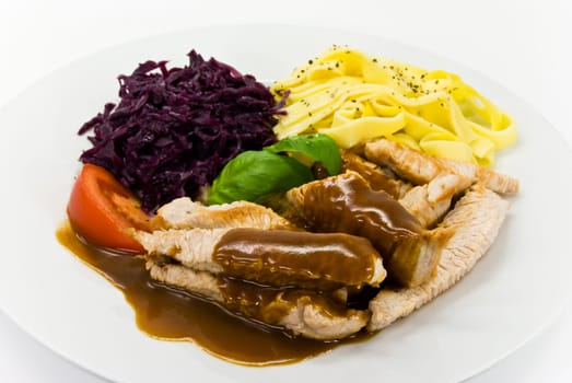Sliced pork with pasta and